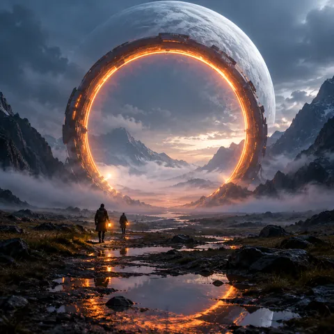 Sci-Fi Portal Over a Misty Valley