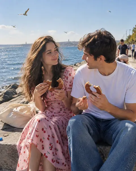Candid Seaside Couple Sharing Simit Prompt