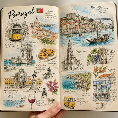 Selective-Color Travel Sketchbook Spread