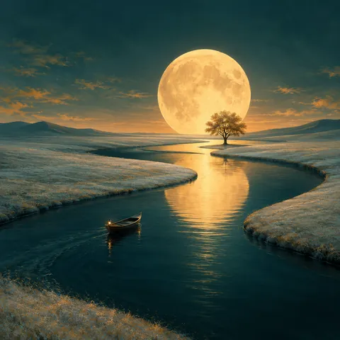 Slow Water Moonlit Boat Landscape
