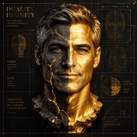 Split Stone and Gold Sculptural Mask Portrait