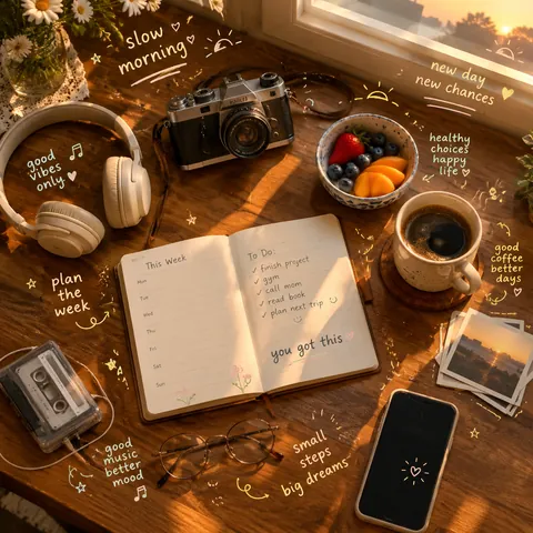 Sunrise Desk Doodle Planner Flat Lay