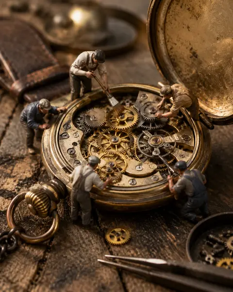 Tiny Workers Restoring an Antique Pocket Watch