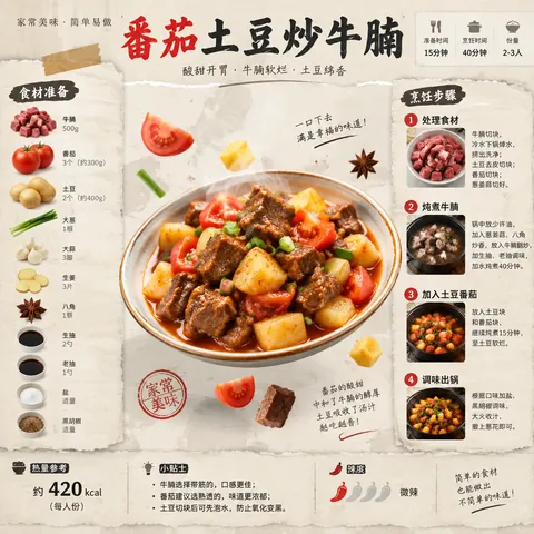 番茄土豆炒牛腩撕纸手账菜谱海报