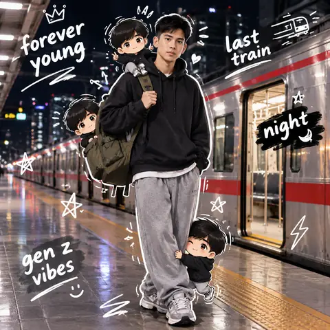 Night Train Platform Portrait with Chibi Doodles
