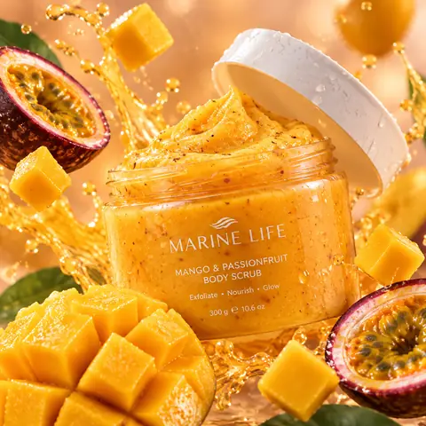Mango Passionfruit Body Scrub Jar Splash Product Shot