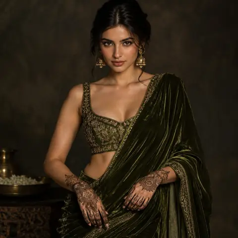Olive Velvet Saree High-Fashion Studio Portrait