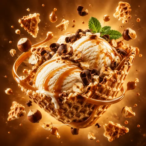 Waffle Bowl Caramel Ice Cream Floating
