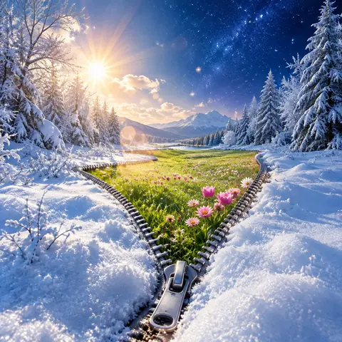 Surreal Zipper Unzipping Winter into Spring